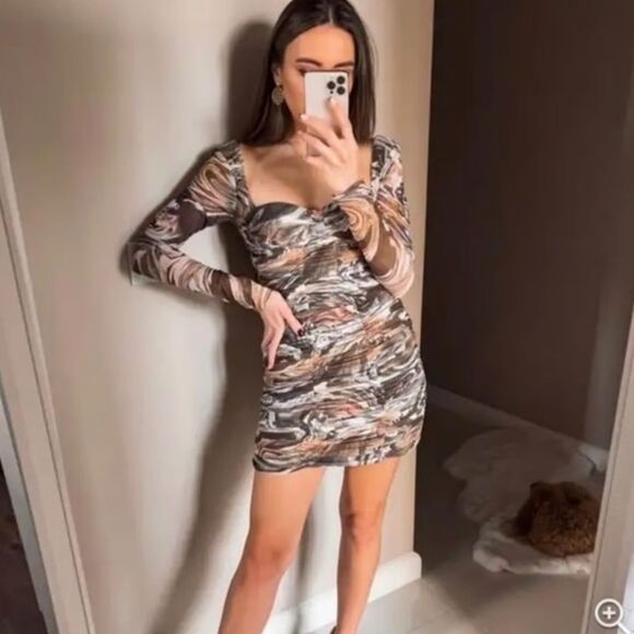 Zara Marble Ruched Mesh Bodycon Mini Dress XL - Picture 1 of 6